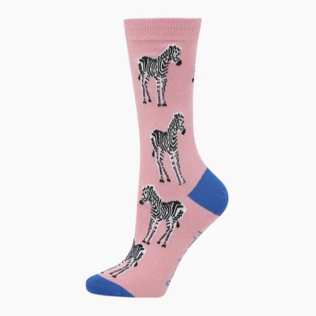 Zebra Women's Bamboo Crew Socks in Pink - The Sockery