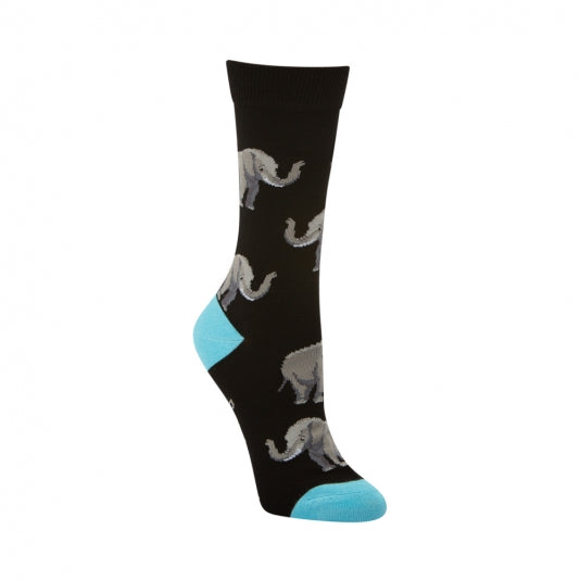 front view of womens black crew sock with grey elephant design