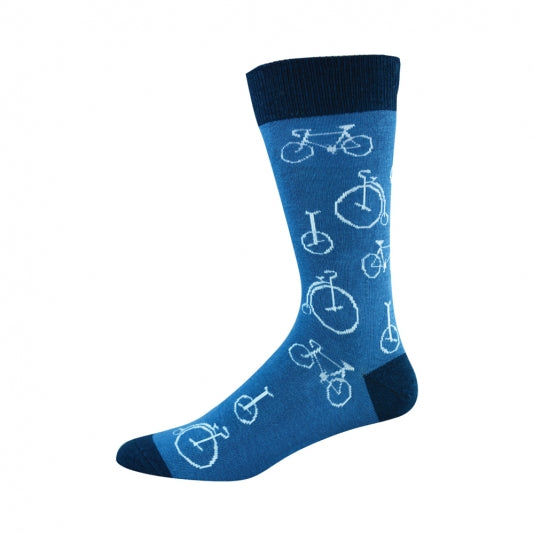 blue mens crew sock with many types of bikes on the sock