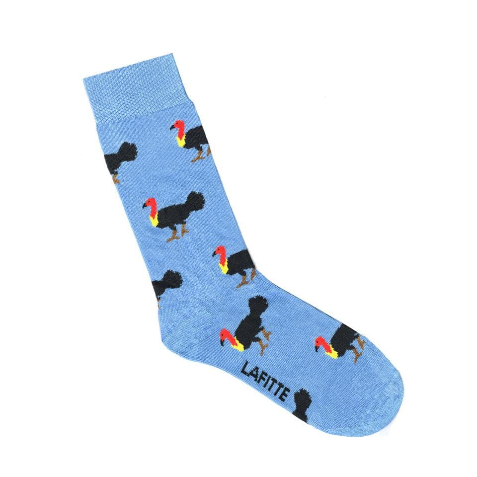 blue mens crew sock with Australian brush turkeys on a repeating pattern.