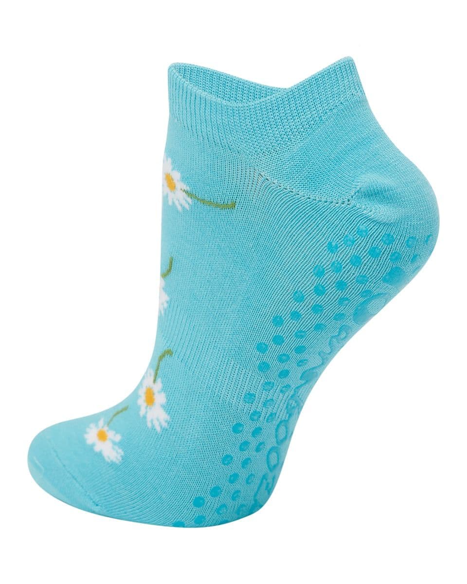 Womens light blue yoga sock with white daisy design