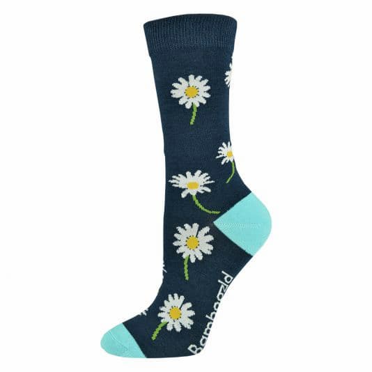 Womens navy blue sock with white daisies scattered on the sock