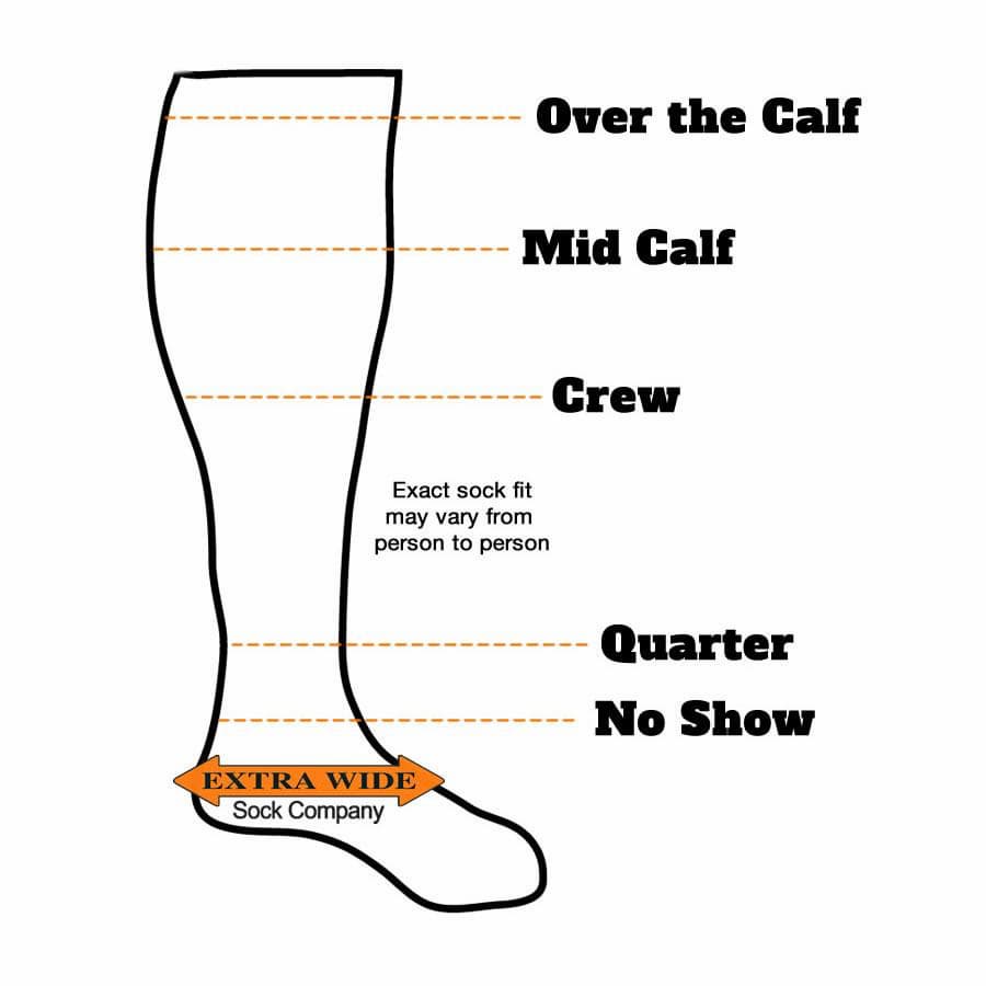 Drawing of a leg detailing the hight at which the different versions of extra wide socks sit - The Sockery