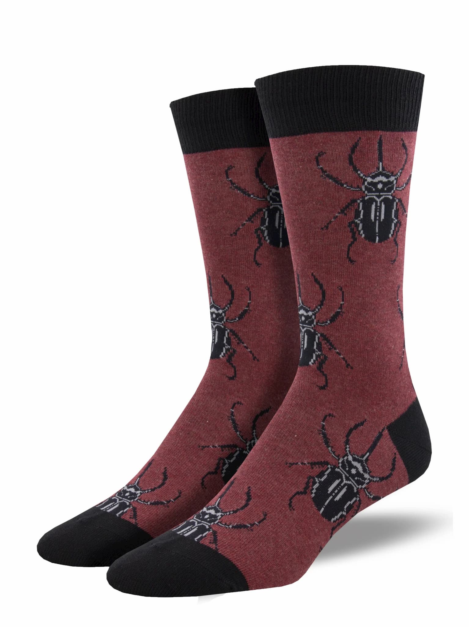 Mens wine red cotton sock with a design of black scarab beetles
