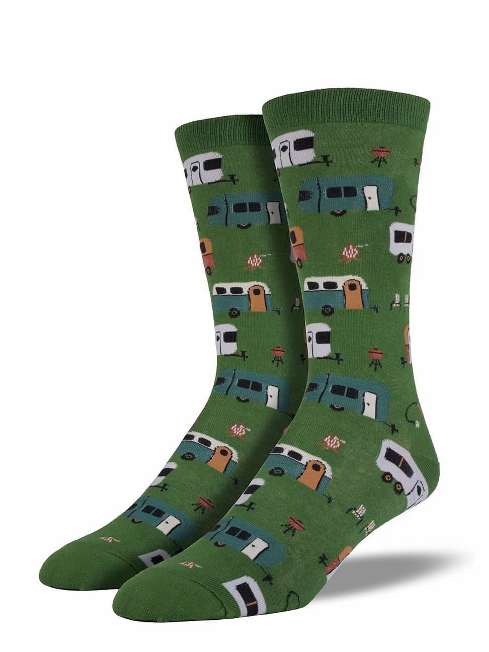 Mens cotton crew socks in grass green with a design with campervans