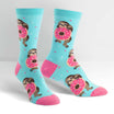 sky blue womens novelty crew sock with sloths eating a donut