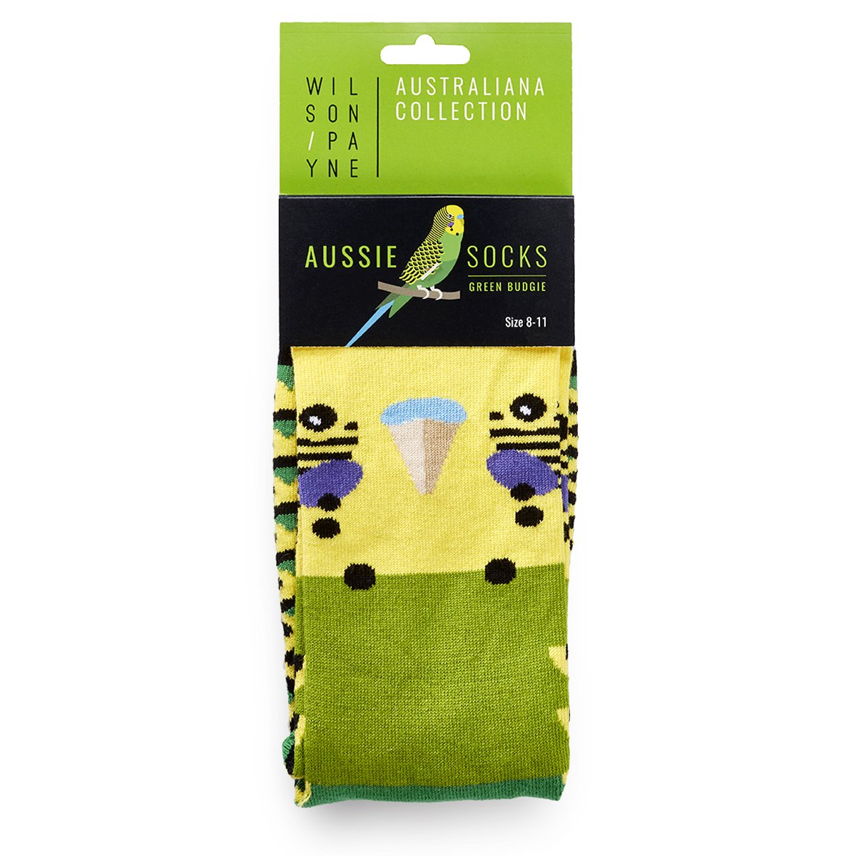 Green budgie socks in packaging - The Sockery