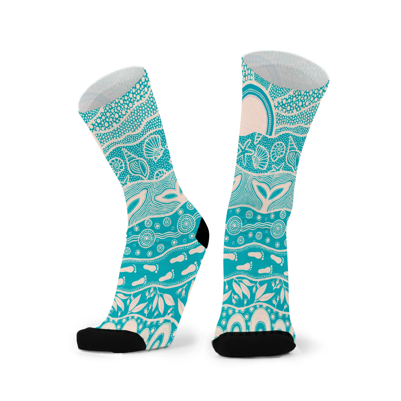 Teal and white patterned socks on a white background
