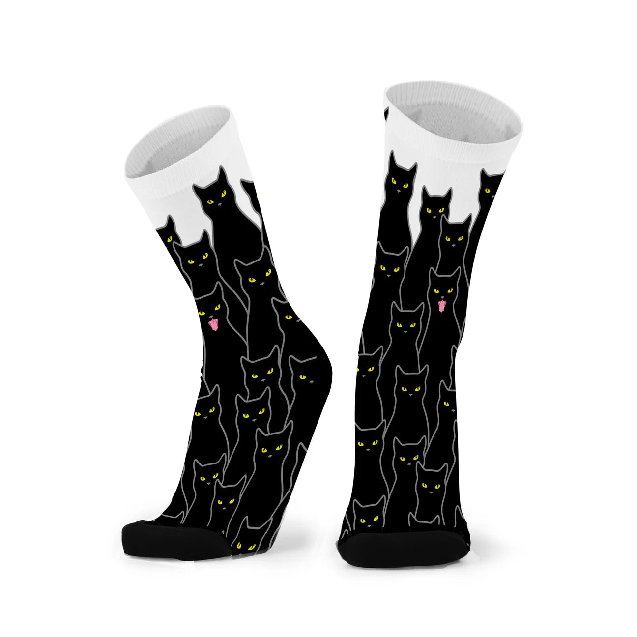 Pair of socks with black cat pattern on a white background
