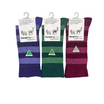 Three pairs of striped socks on hangers with 'Humphrey Law' labels.