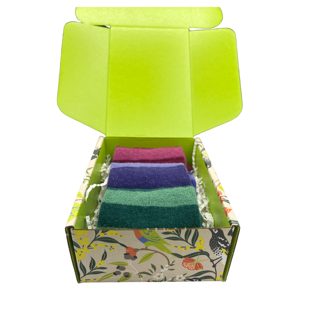 Open green box with colorful socks inside on a white background