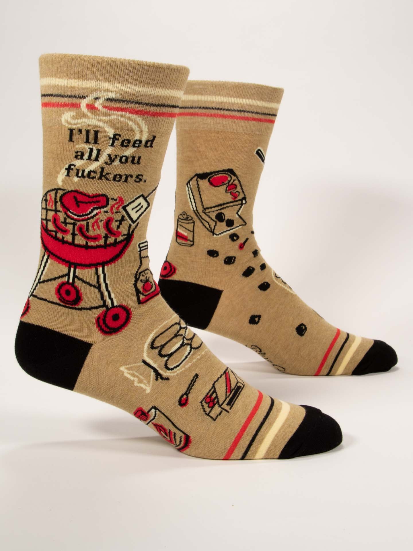 Beige socks with graphic designs and text on a white background