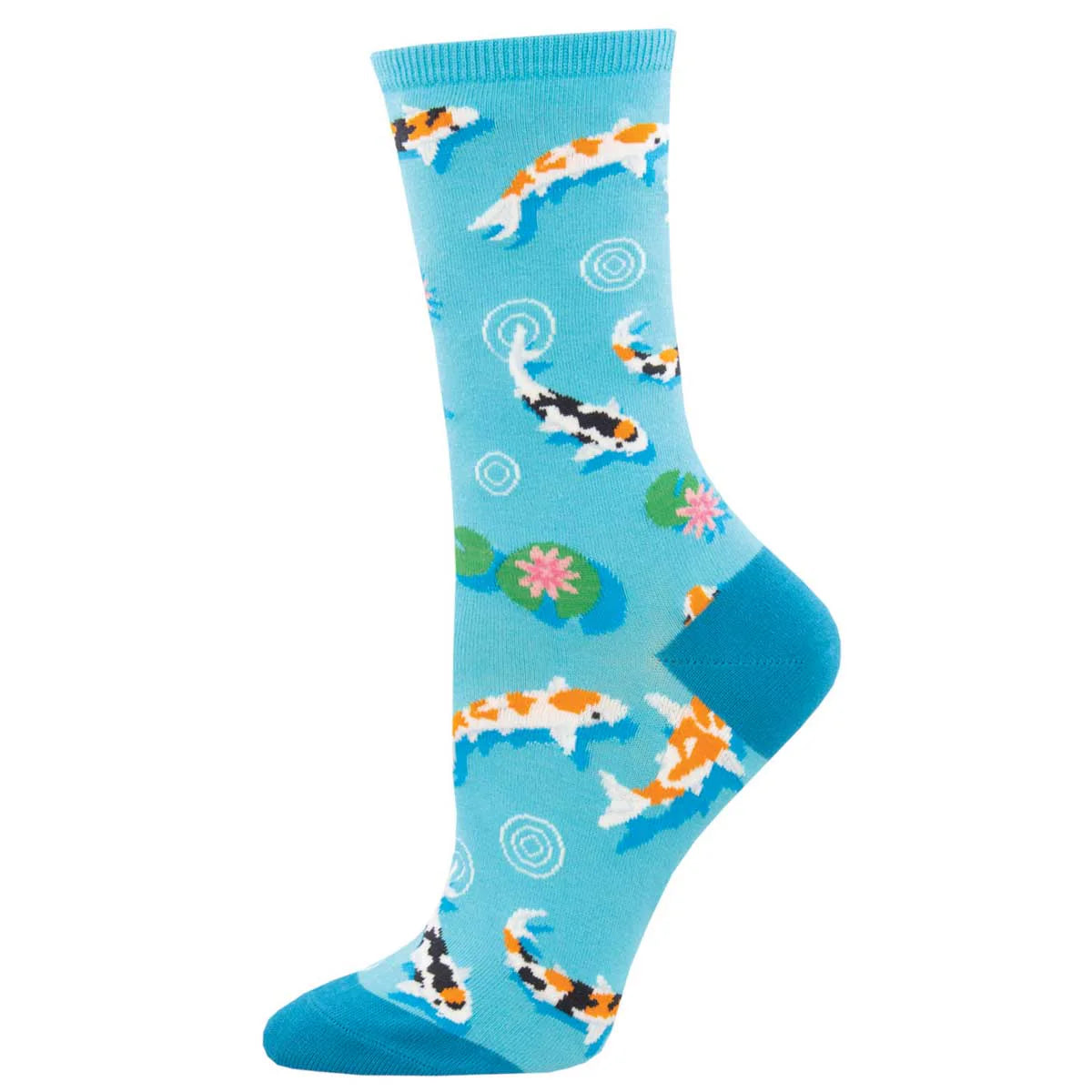 Blue sock with koi fish pattern on a white background