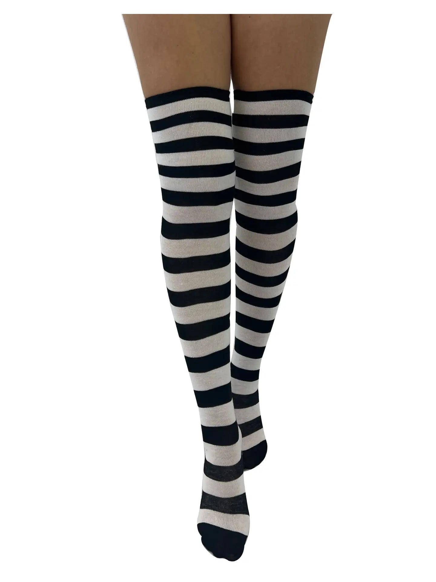 Striped Over the Knee Socks in White and Black - With Cat Paw - The Sockery