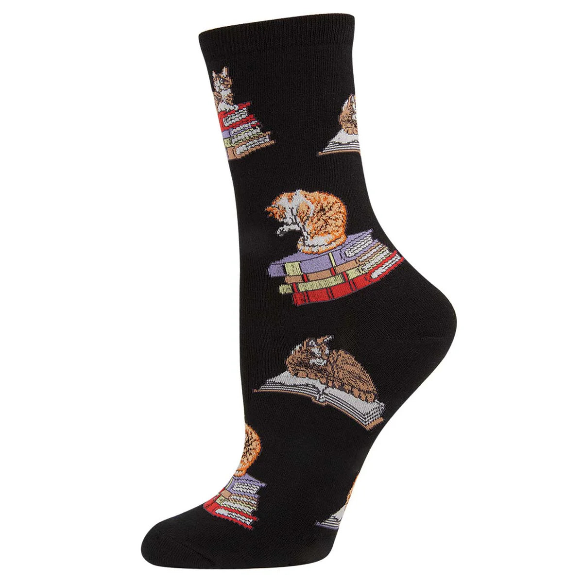Black sock with cat and book design on a white background