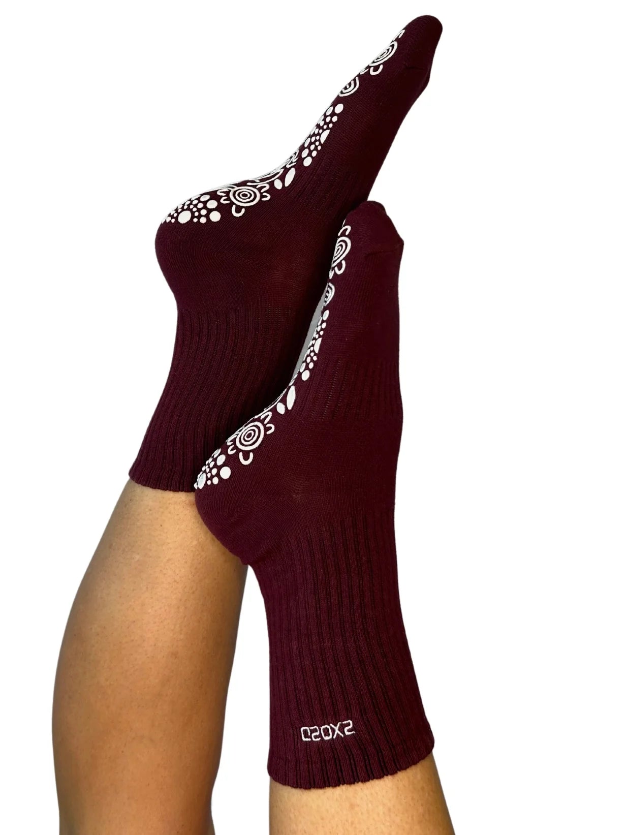 Birdee Crew Grip Socks in Plum and White - The Sockery