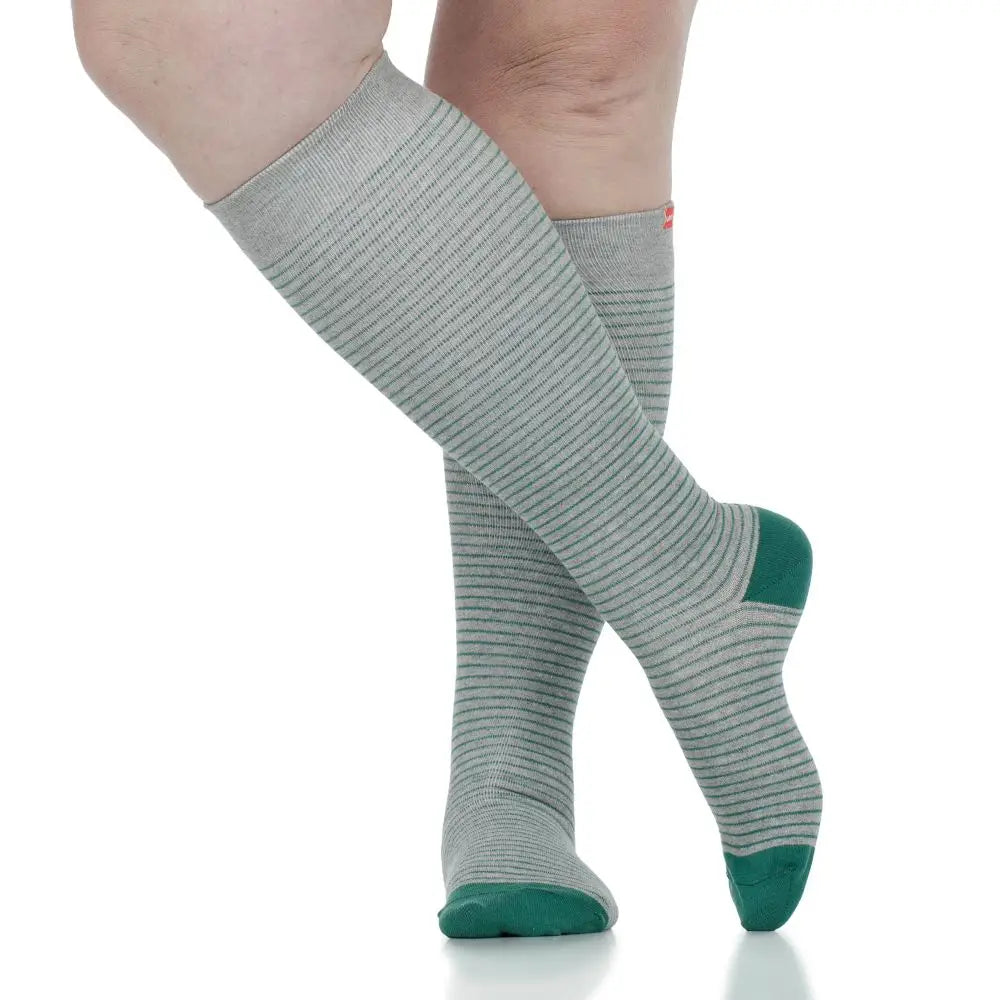 Wide Calf Pinstripe Grey and Green Cotton Moderate Compression Knee Highs