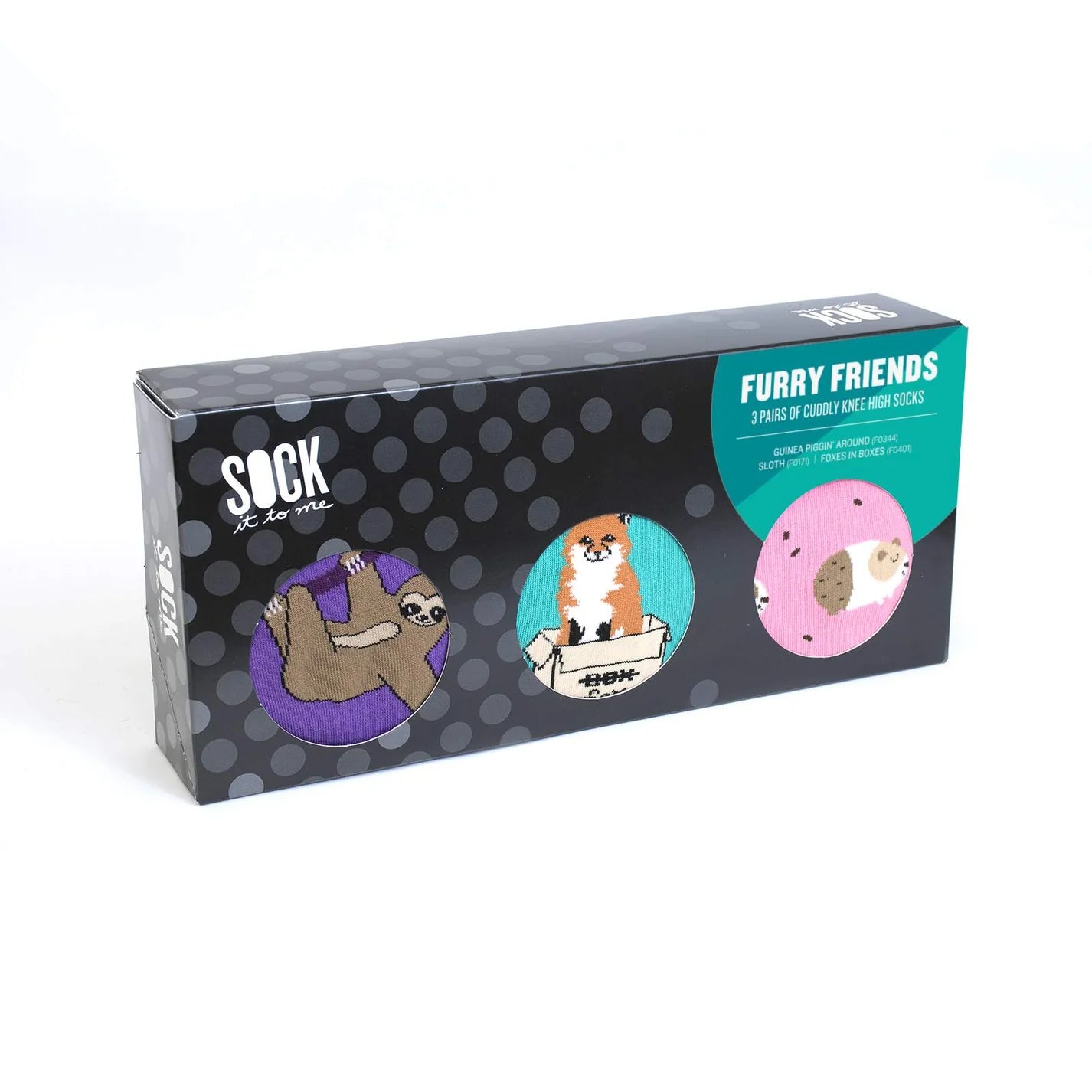 Box of 'Furry Friends' socks with illustrations of a sloth, fox, and hedgehog on a white background.