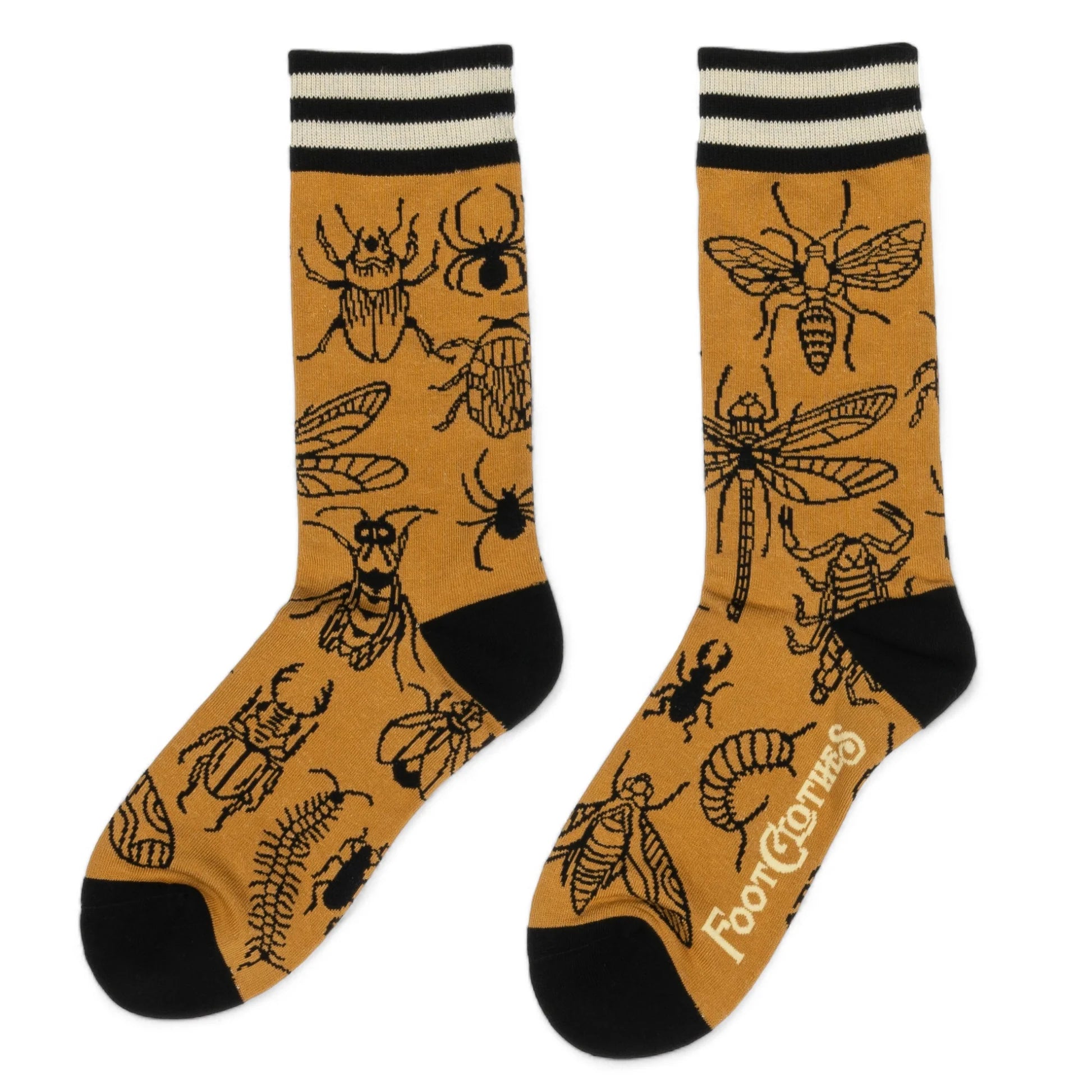 Pair of socks with insect illustrations on a mustard yellow background