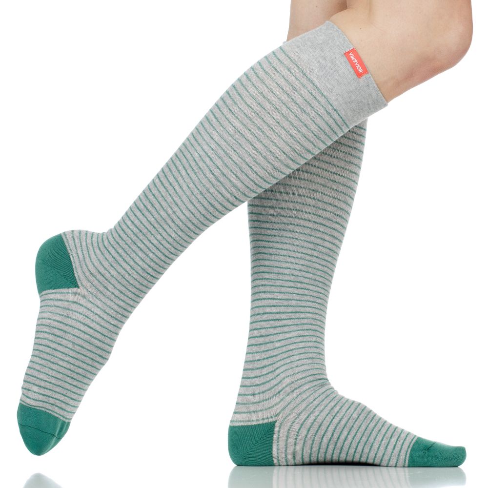 Wide Calf Pinstripe Grey and Green Cotton Moderate Compression Knee Highs