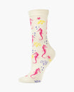 Cream-colored sock with pink seahorse and multicolor underwater-themed pattern on a white background