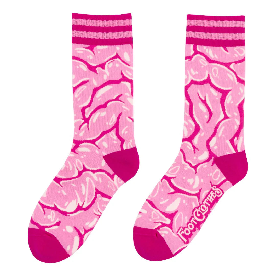 Pink socks with brain pattern and purple accents on a white background