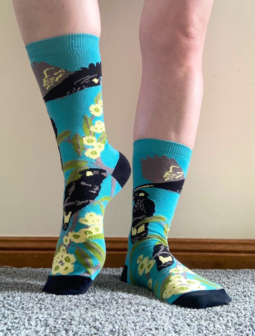 Black Cockatoo Socks in Aqua blue