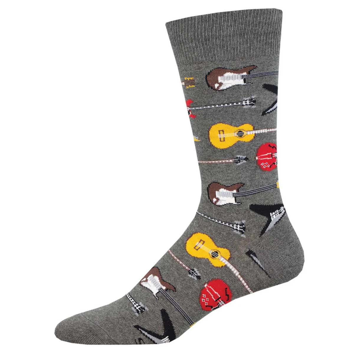 Gray sock with colorful guitar pattern on a white background