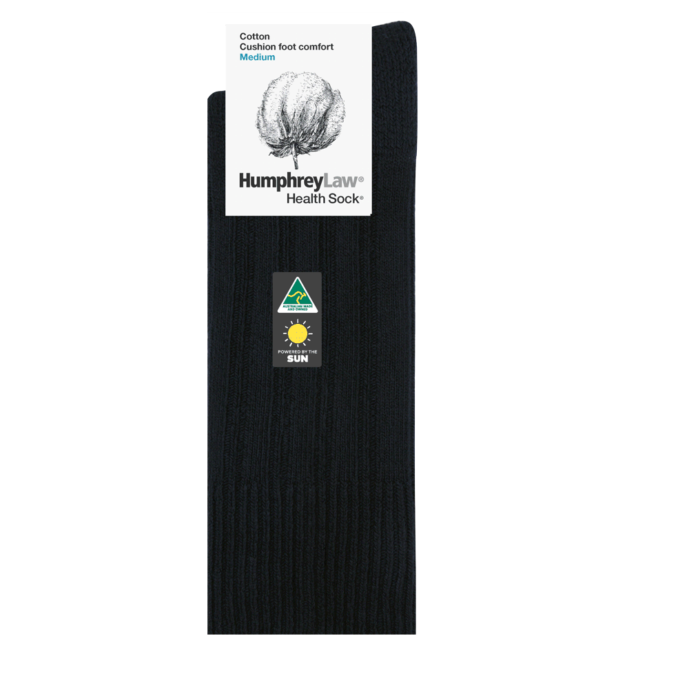 Black sock with Humphrey Law label on a white background
