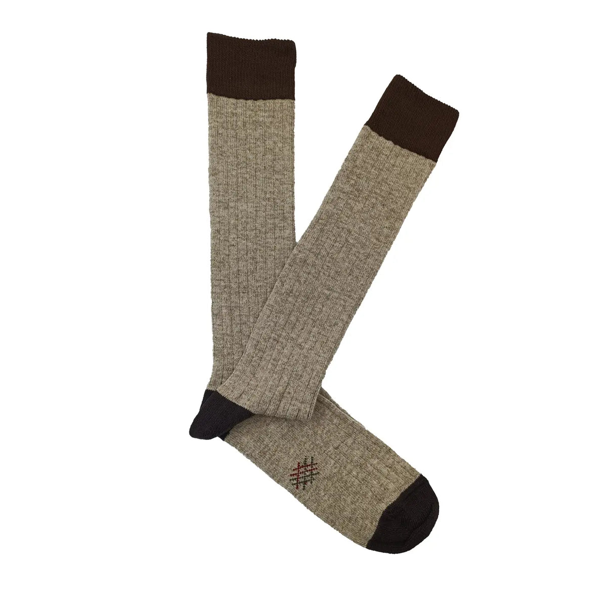 Pair of brown knee-high socks with black accents on a white background