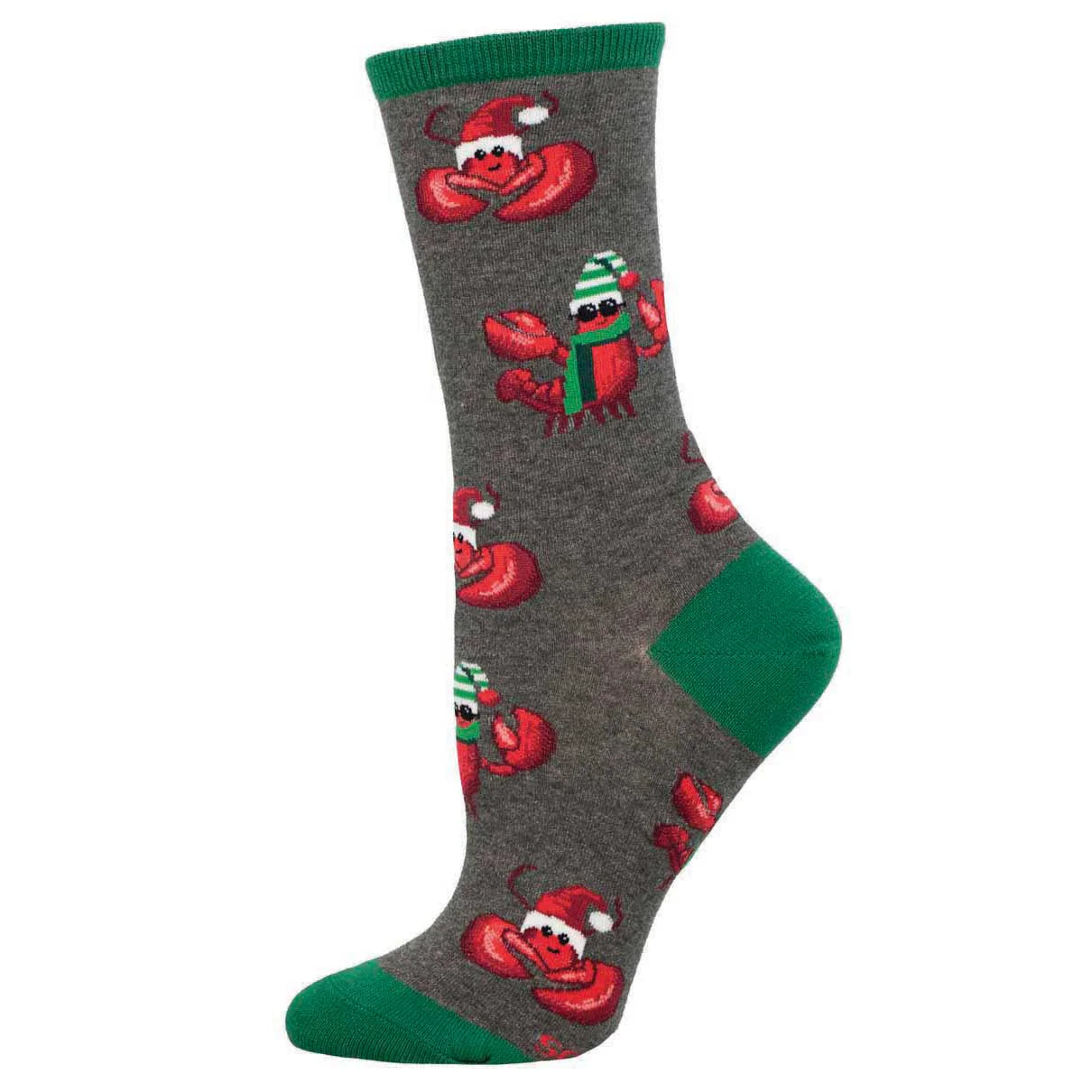 Gray sock with red lobster design on a white background