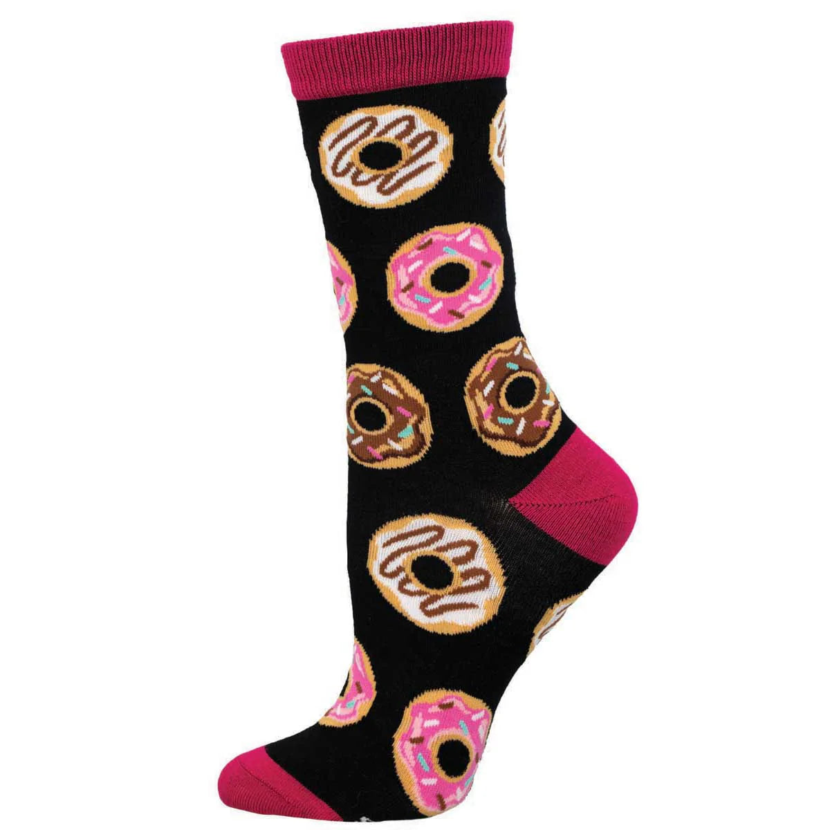 Black sock with colorful donut pattern on a white background