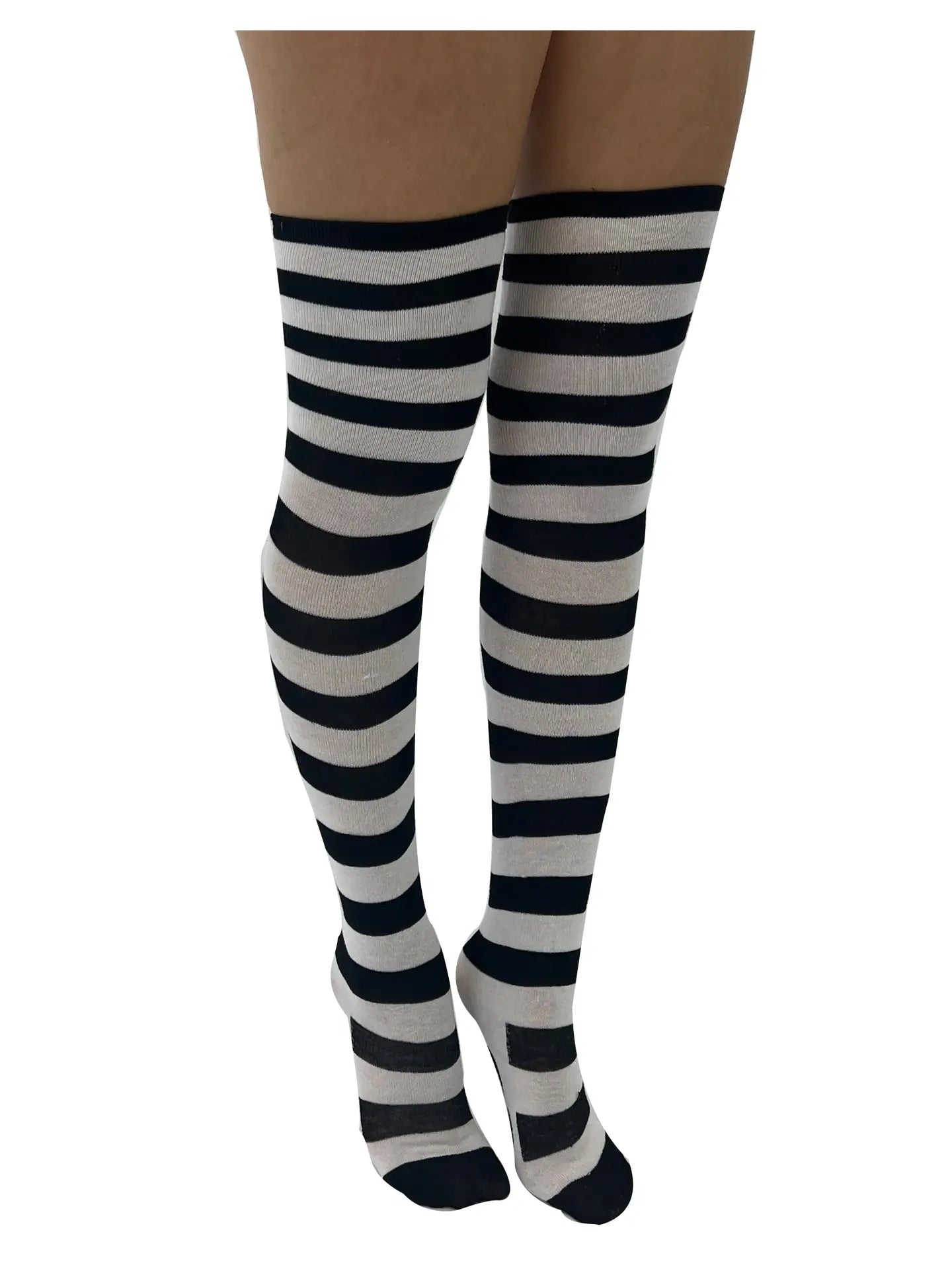 Striped Over the Knee Socks in White and Black - With Cat Paw - The Sockery