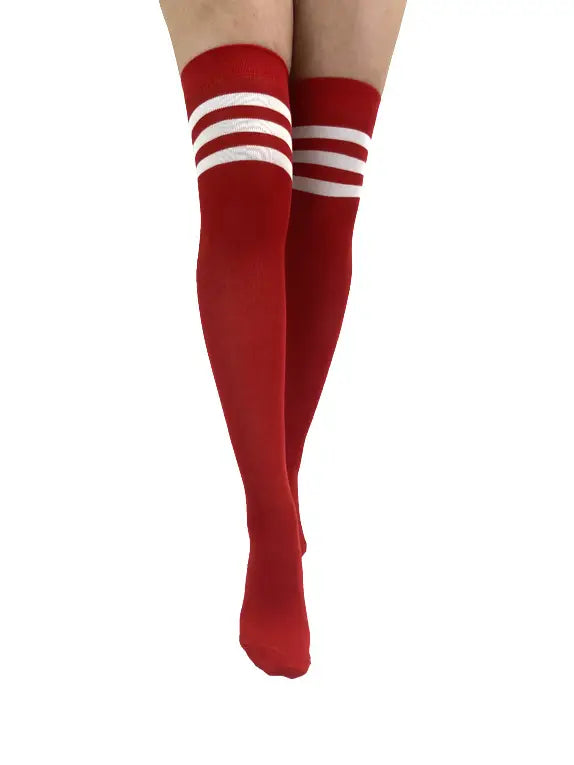 Referee Over The Knee Socks in Red with White Stripes - The Sockery