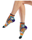 Colorful socks with a pattern worn by a person on a white background