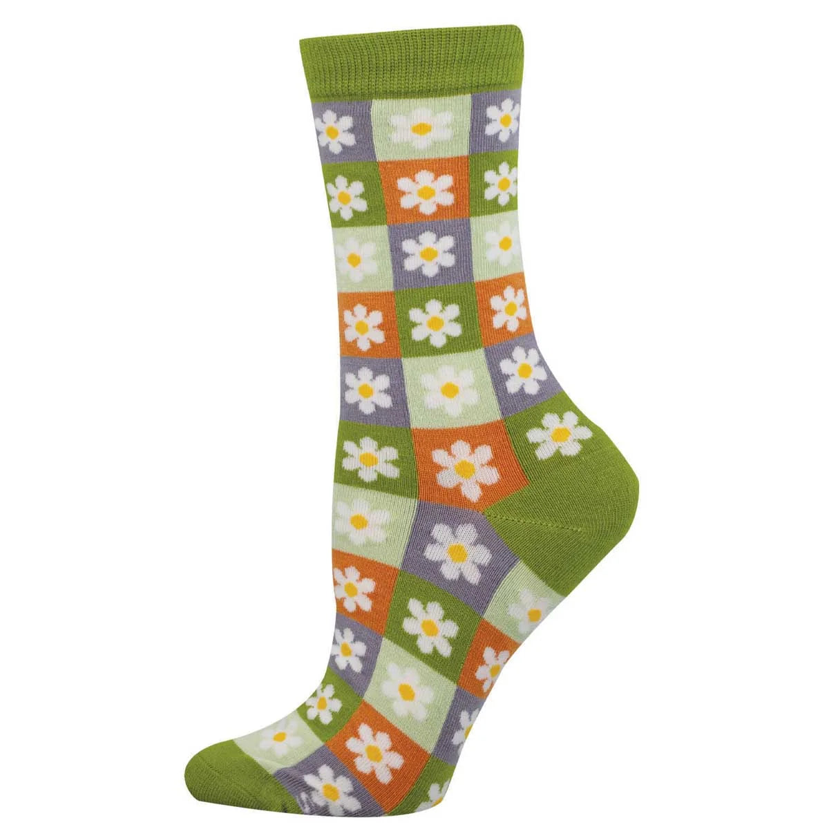 Colorful sock with daisy pattern on a white background