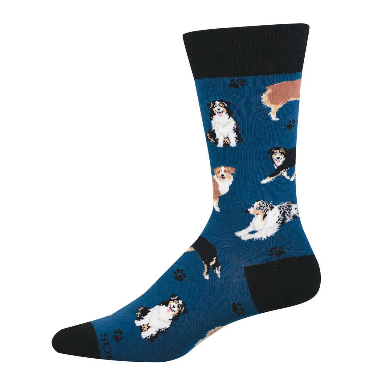 Blue sock with dog pattern on a white background