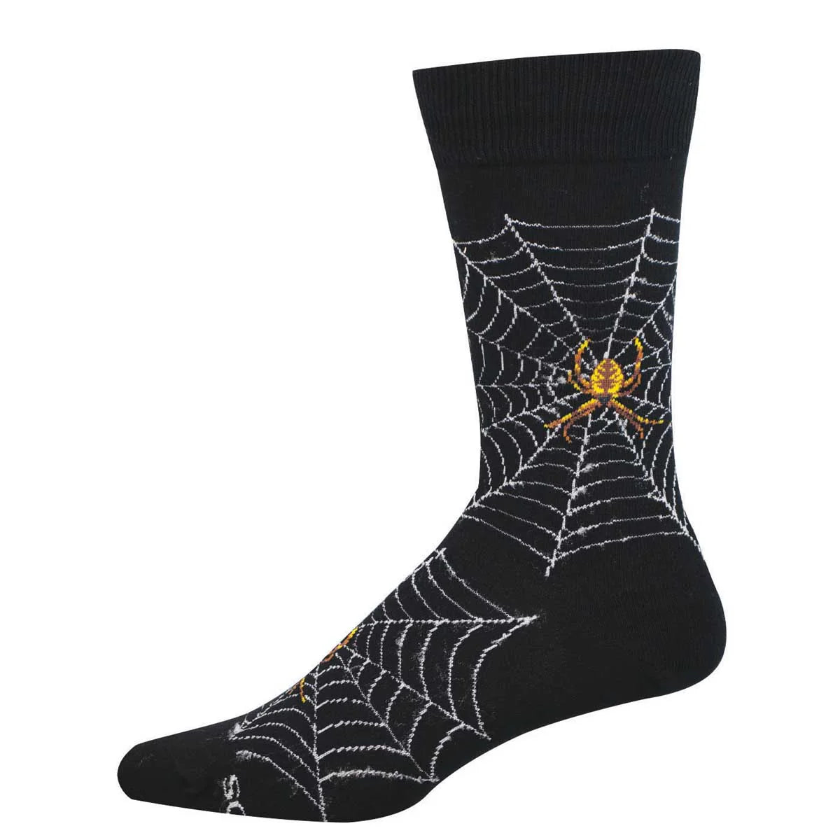 Black sock with spider web and spider design on a white background