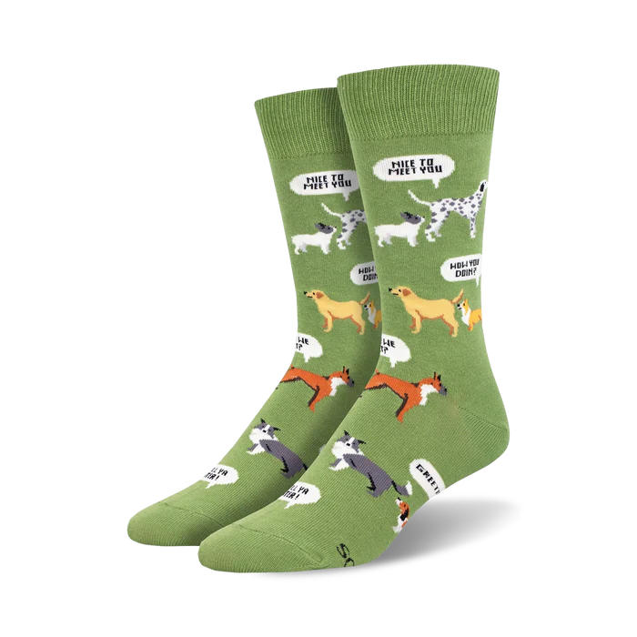 Green socks with dog illustrations and text on a white background