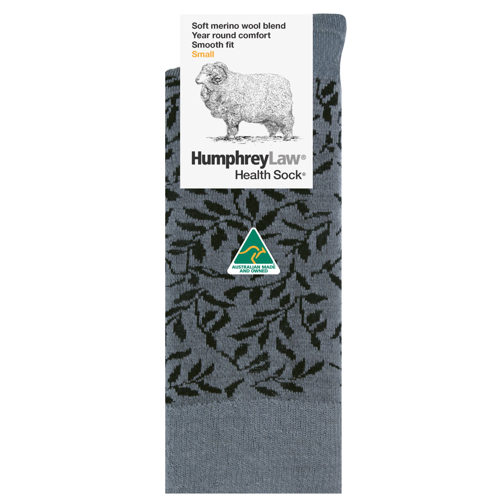 Leaves on Grey Merino Wool Crew Socks - Aussie Made - The Sockery