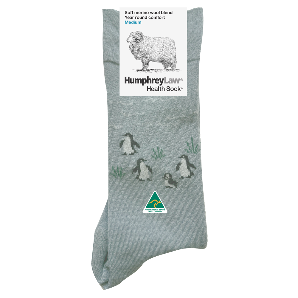 Penguins on Grey Merino Wool Women's Crew Socks - Aussie Made