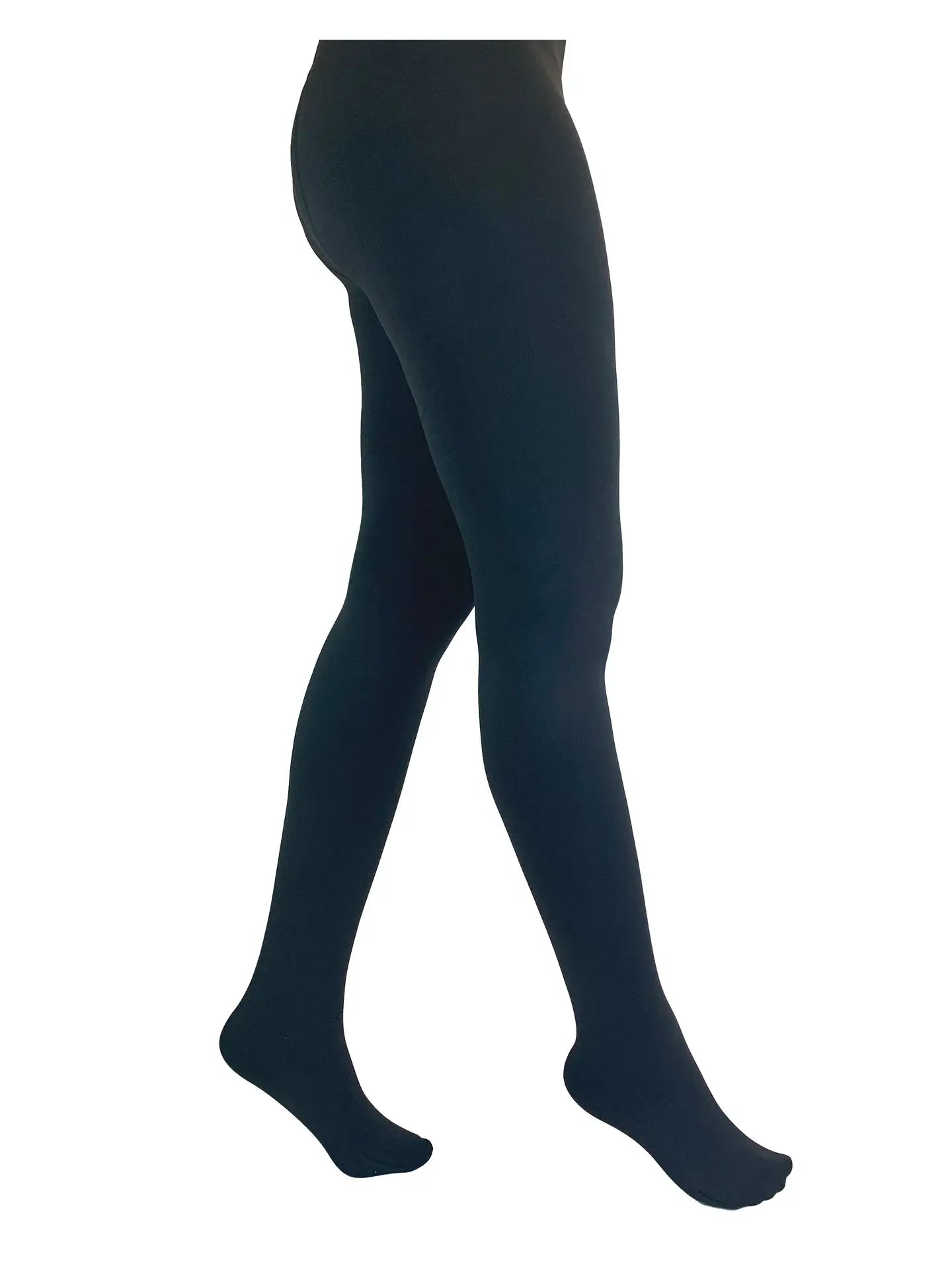 Black tights worn by a person on a white background