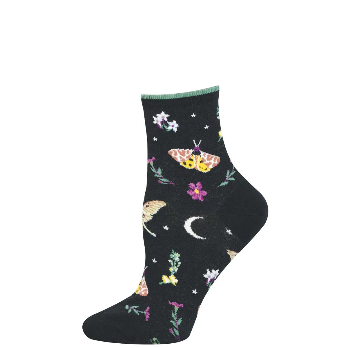 Black sock with butterfly and floral pattern on a white background