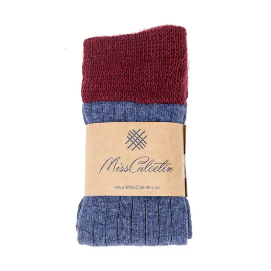 Wool Ribbed Knee High Sock in Blue and Plum