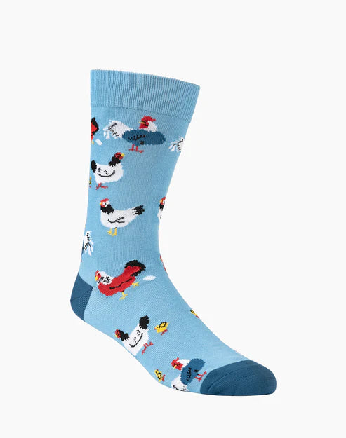 Blue sock with chicken pattern on a white background