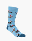 Light blue sock with dachshund dogs wearing Santa hats on a white background