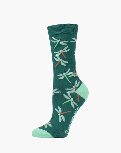 dragon fly sock on green crew sock - the sockery