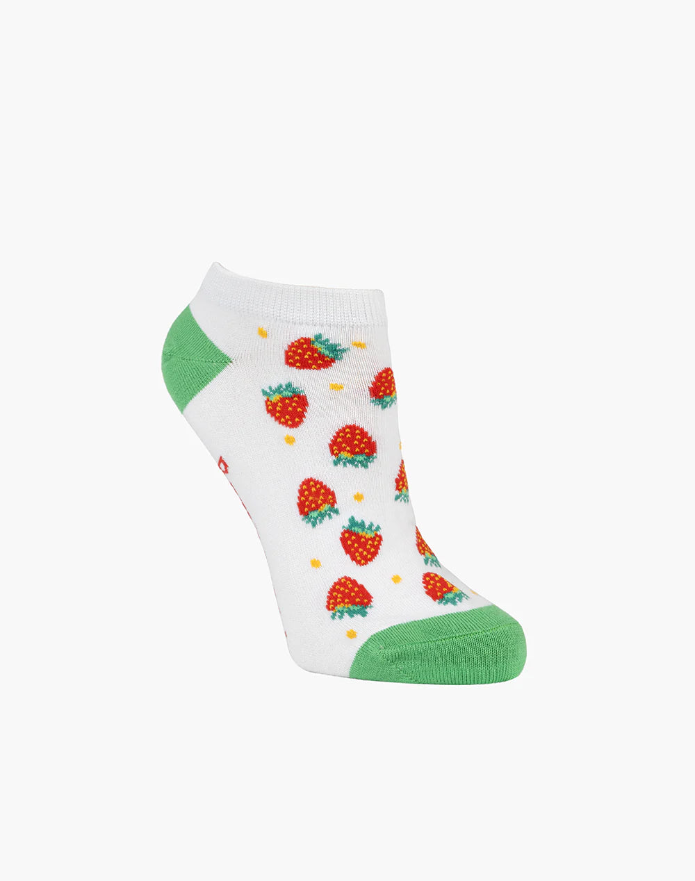 White ankle sock with strawberry pattern on a white background
