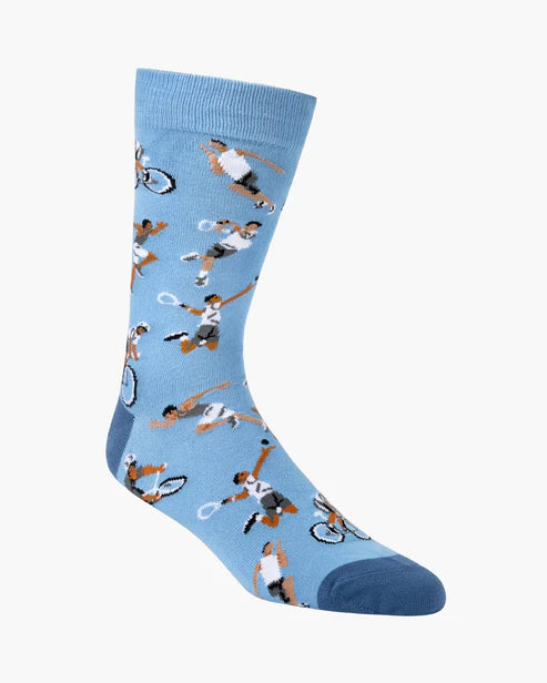 Blue sock with sports-themed design on a white background