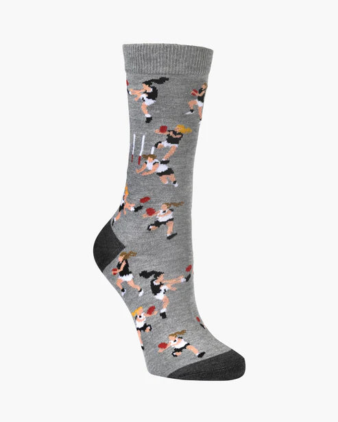 Gray sock with AFL player pattern on a white background
